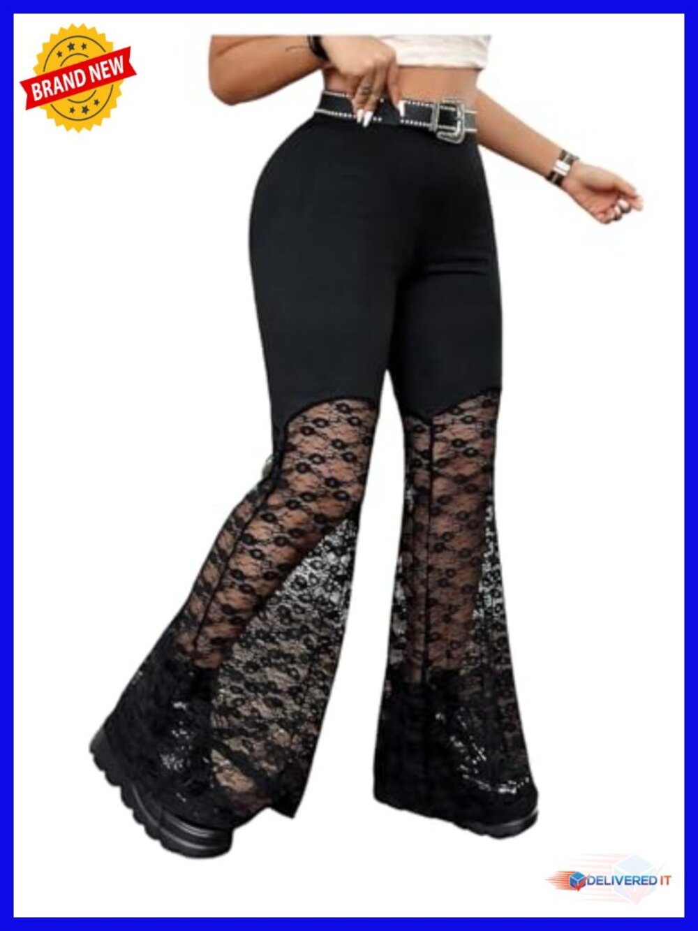 Floral Lace Sheer Bell Bottom Pants High Rise Rave Flare Pants